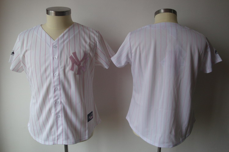 Yankees Blank White With Pink Strip Women's Fashion Stitched MLB Jersey - Click Image to Close